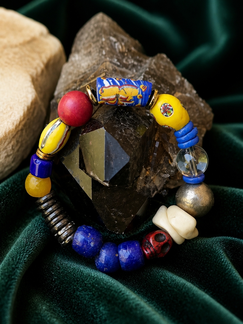 Boho Mixed Bead Stretch Bracelet with Bright Blue, Yellow & Red Accents